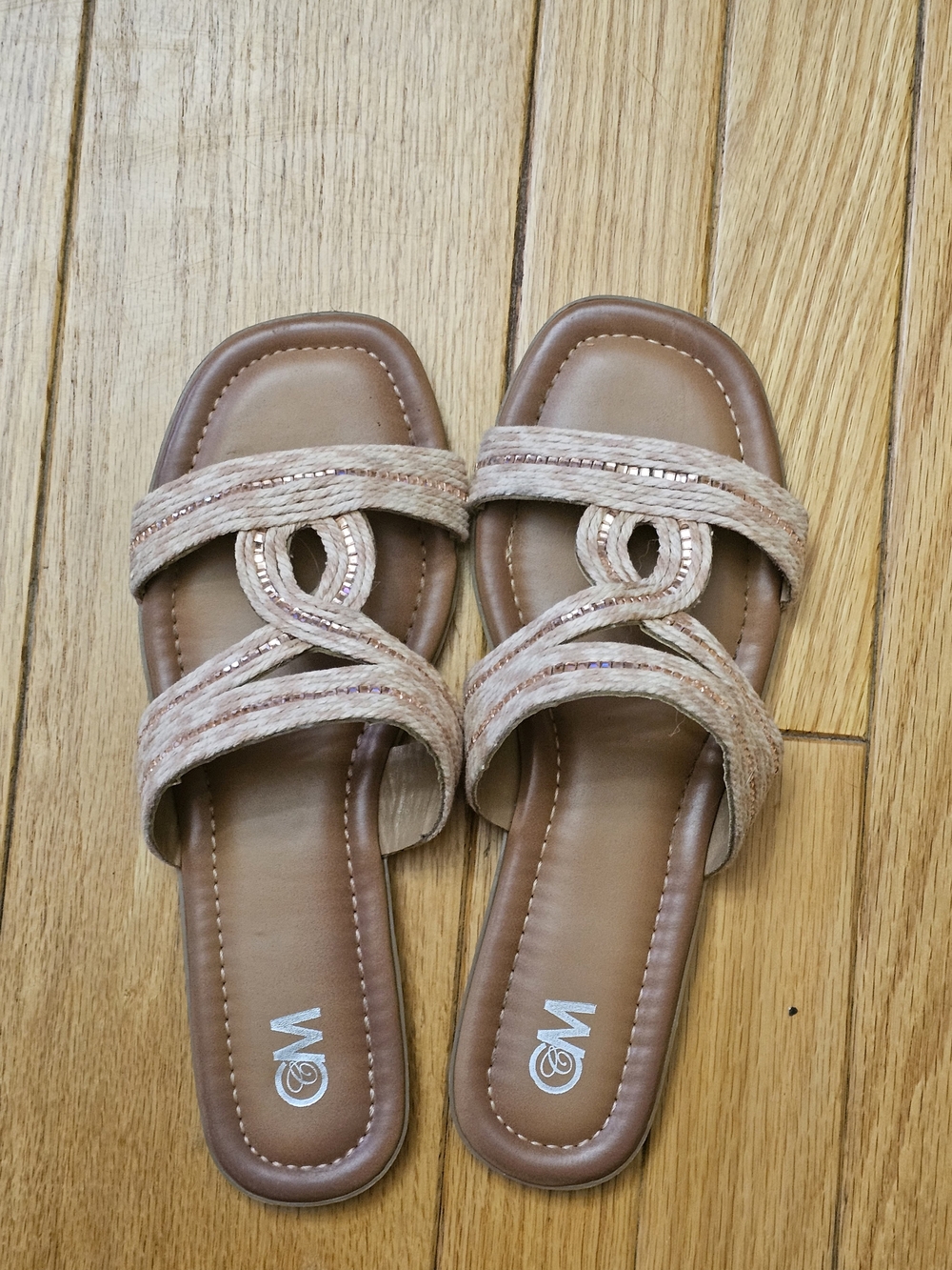 Woven Strap Tan Slide Sandals